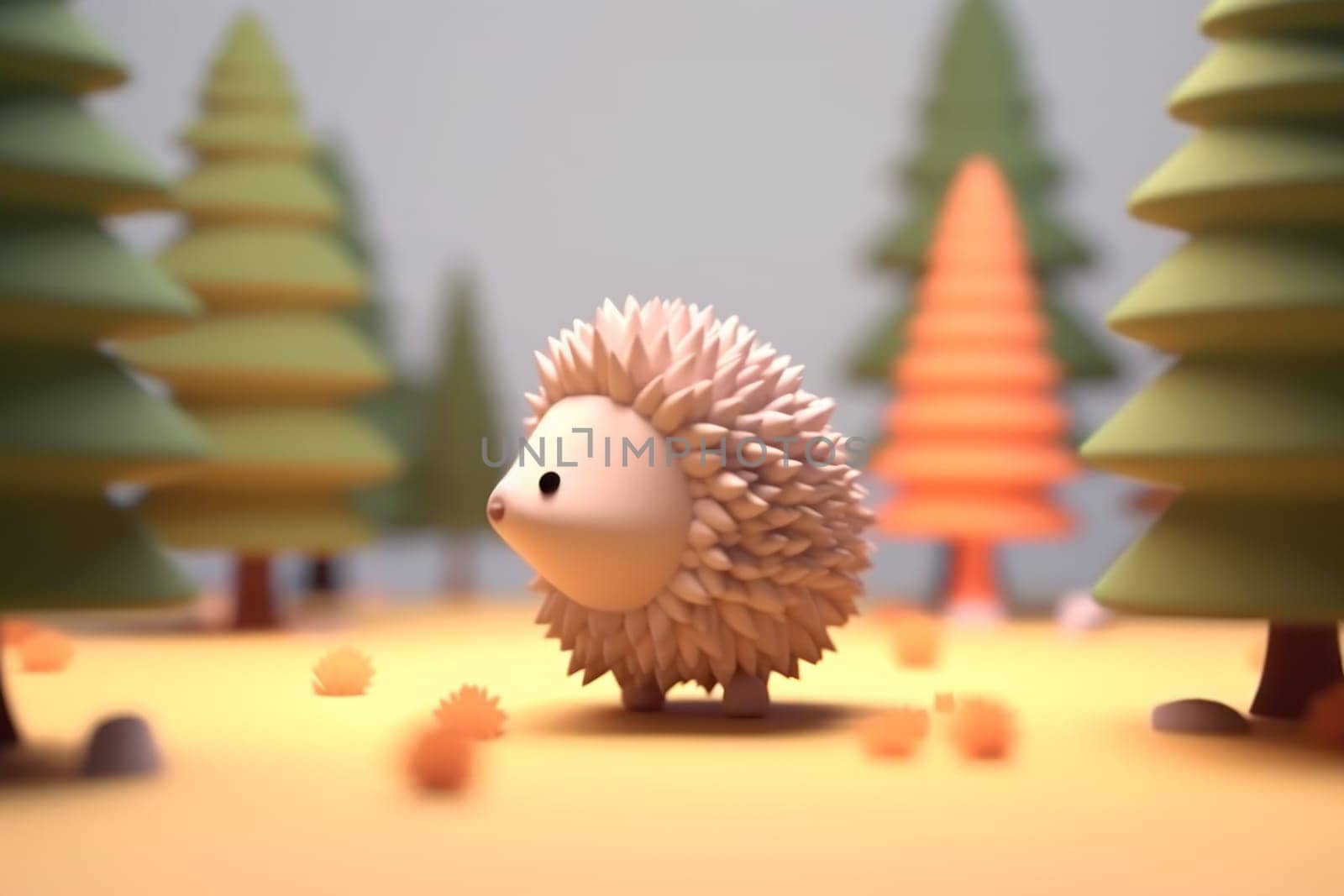 A hedgehog walking in forest 3D Tiny cute isometric Generative AI.