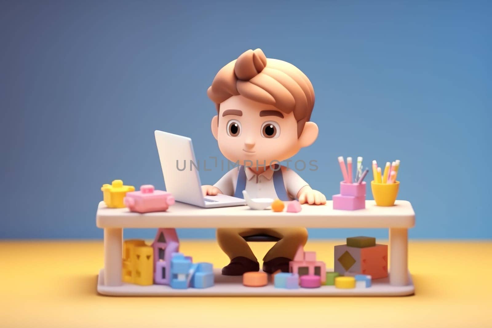 A business boy working with laptop on desk Tiny cute isometric 3D render Generative AI.