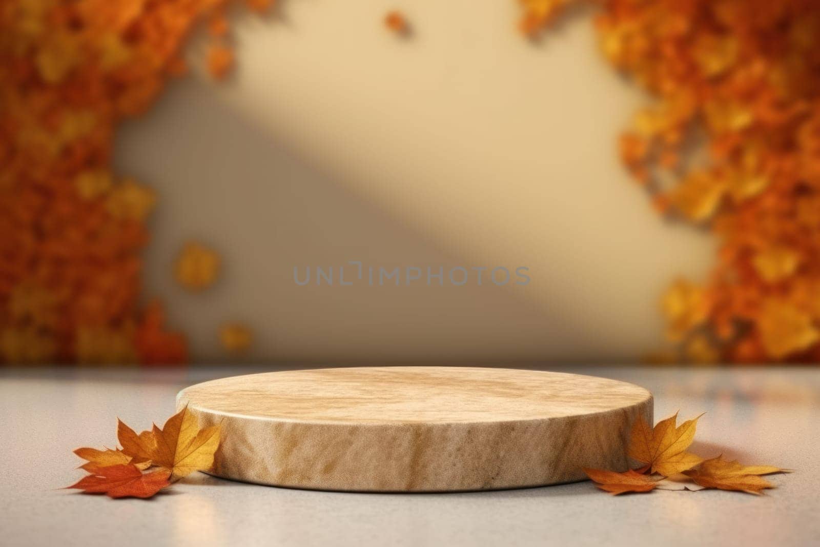 Minimal podium mockup on autumn background. Generative AI.
