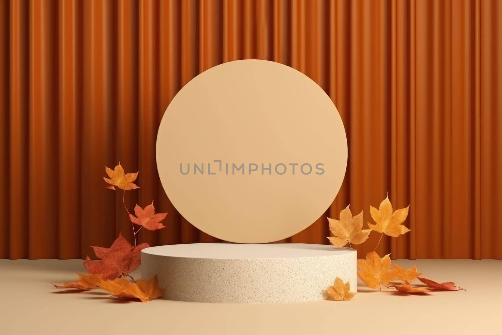 Minimal podium mockup on autumn background. Generative AI.