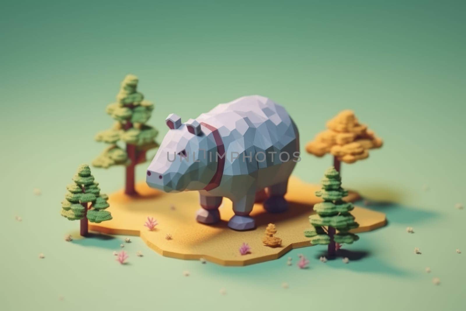 A hippopotamus walking in forest 3D Tiny cute isometric Generative AI.