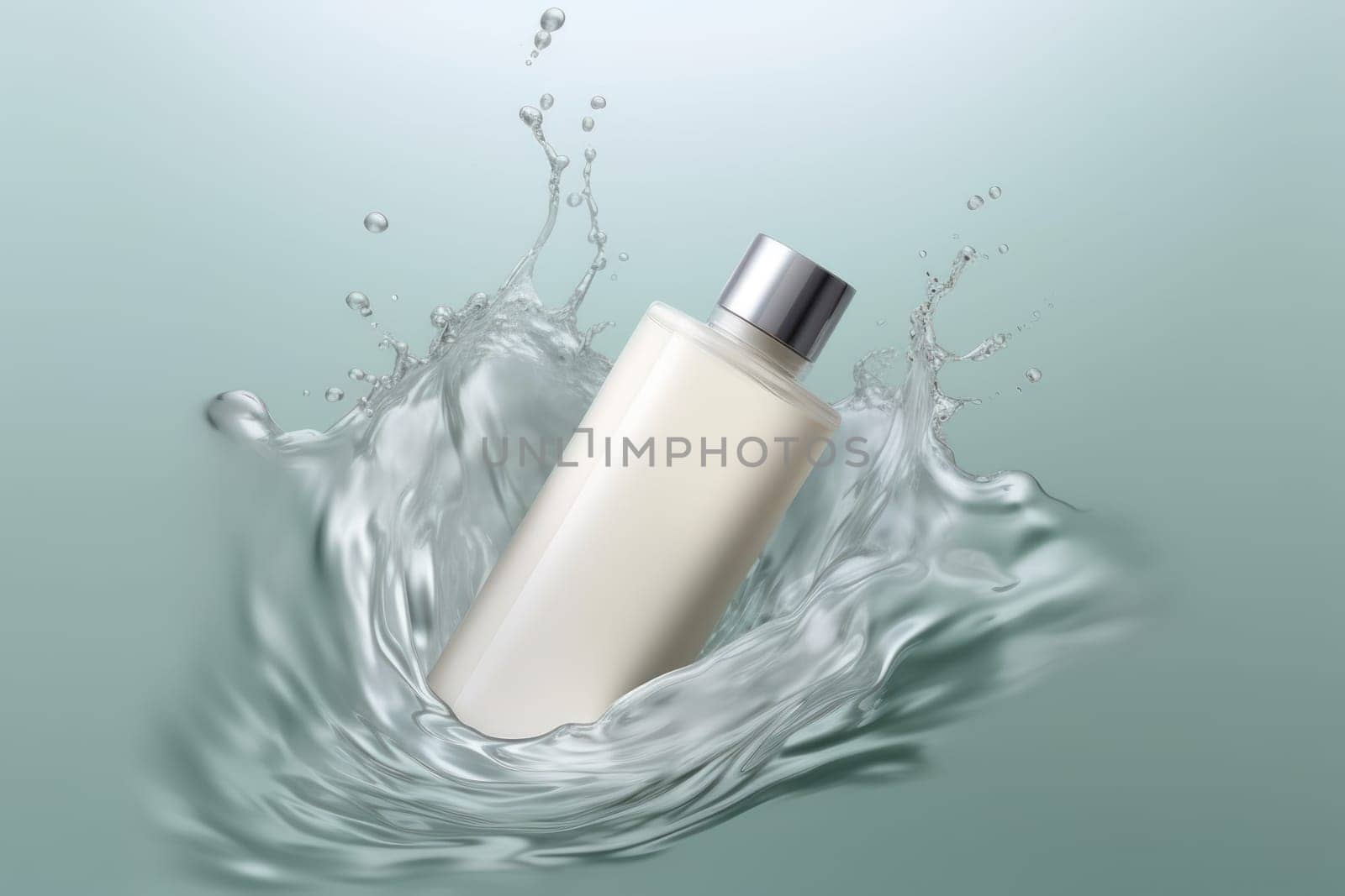 Cream bottle mock up in water splash background 3D render Generative AI.