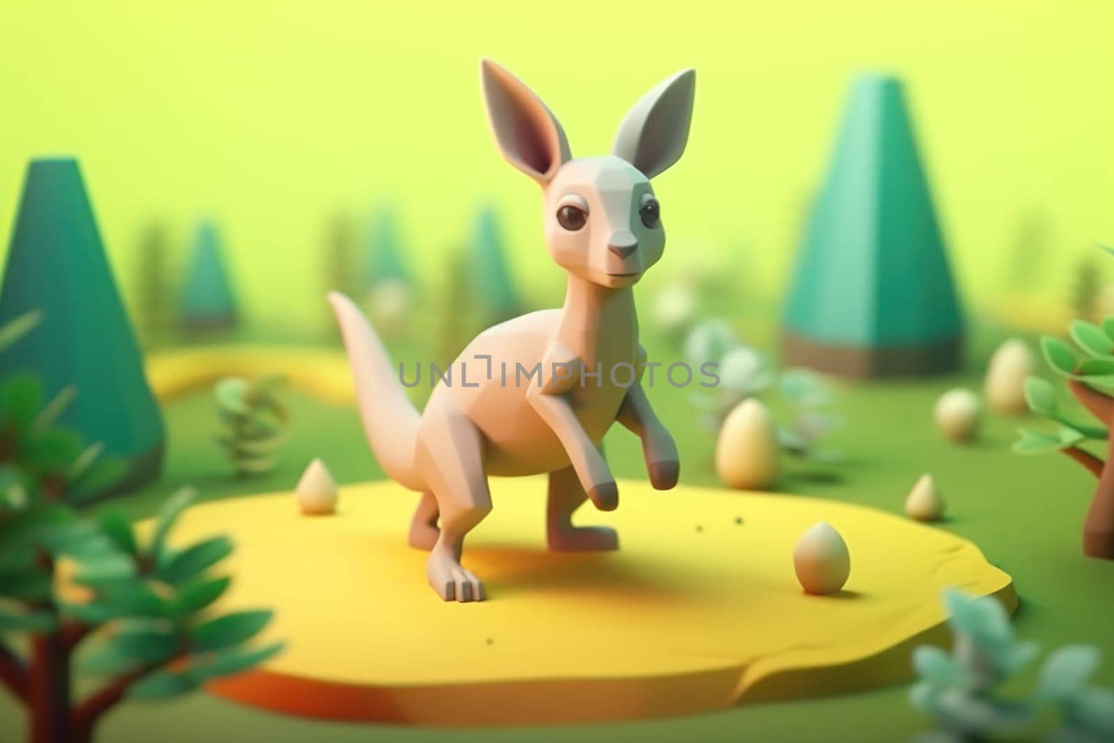 A kangaroo walking in forest 3D Tiny cute isometric Generative AI.