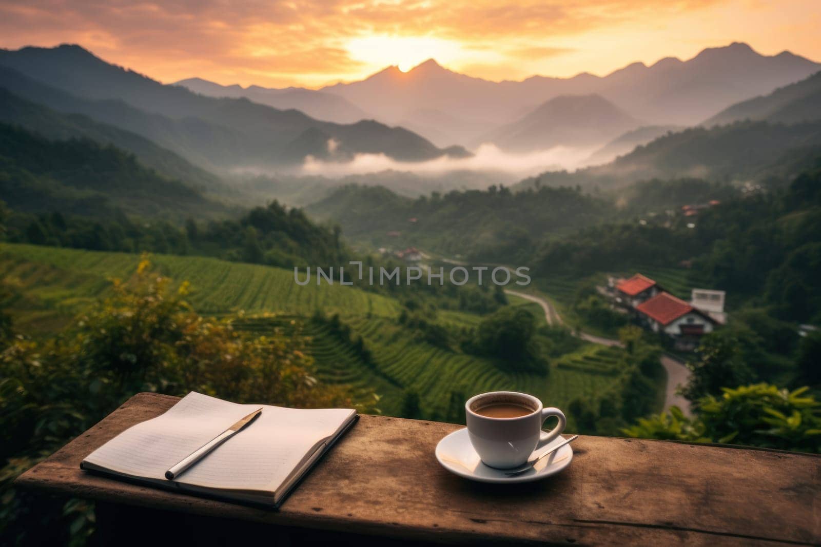 notebook pencil and cup of coffee prepare to write at the balcony and mountain view Generative AI.