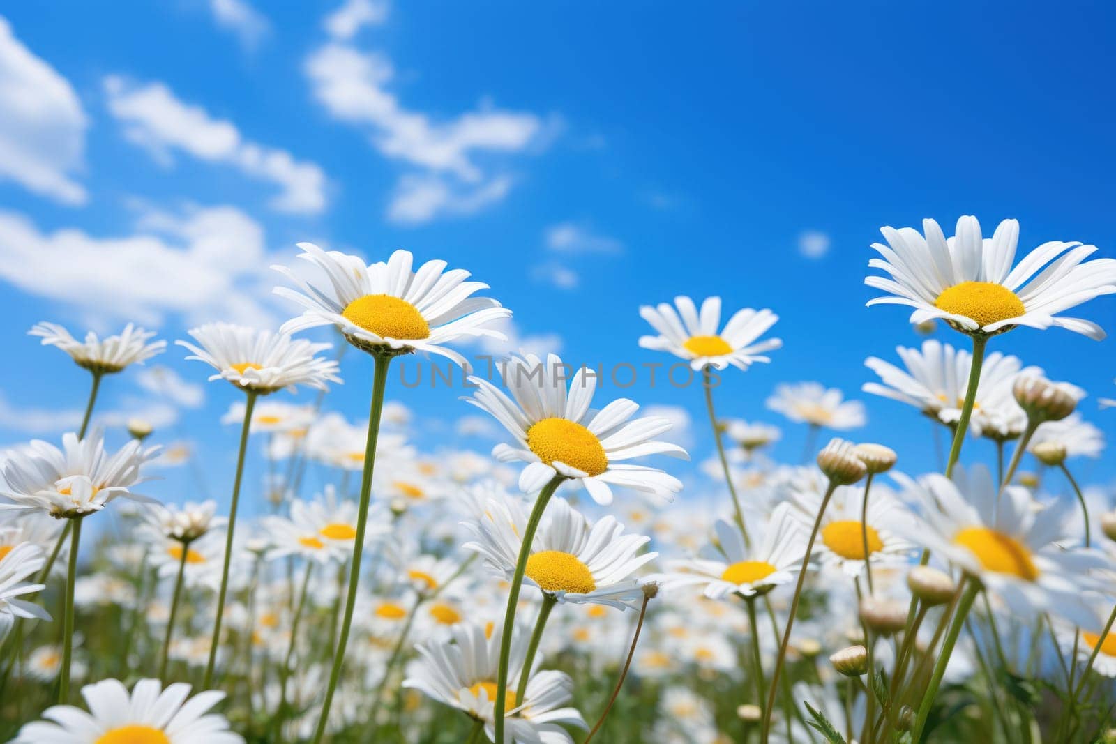 Field of blooming Daisies and blue sky Generative AI.