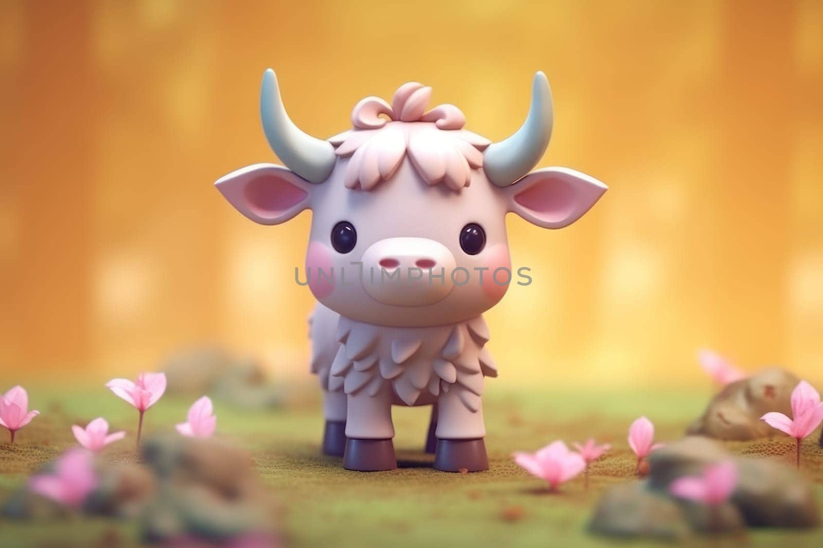 A bull ox walking in forest 3D Tiny cute isometric Generative AI.