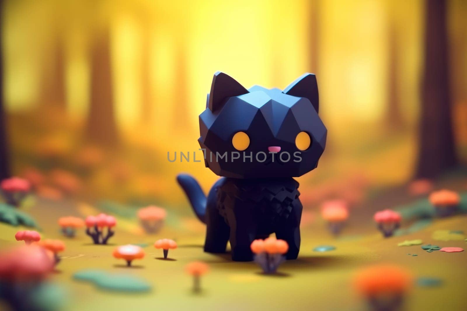 A black cat walking in forest 3D Tiny cute isometric Generative AI.