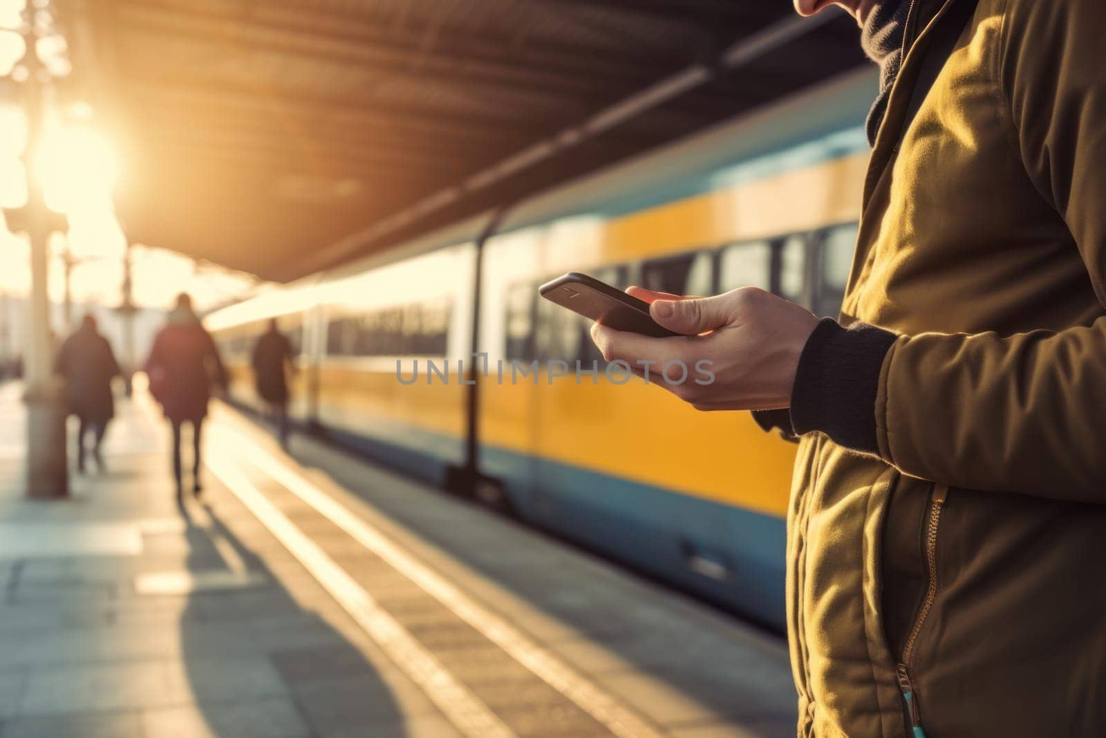 Close up Hand of human using mobile phone at railway station Generative AI.