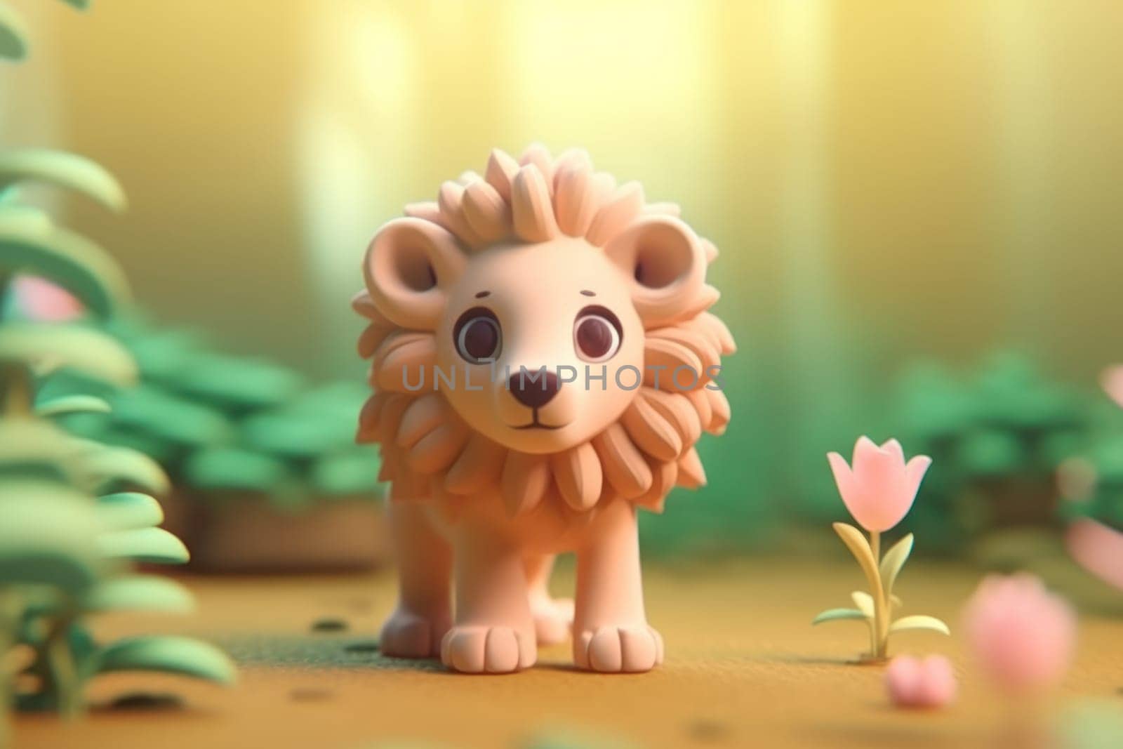 A lion walking in forest 3D Tiny cute isometric Generative AI.