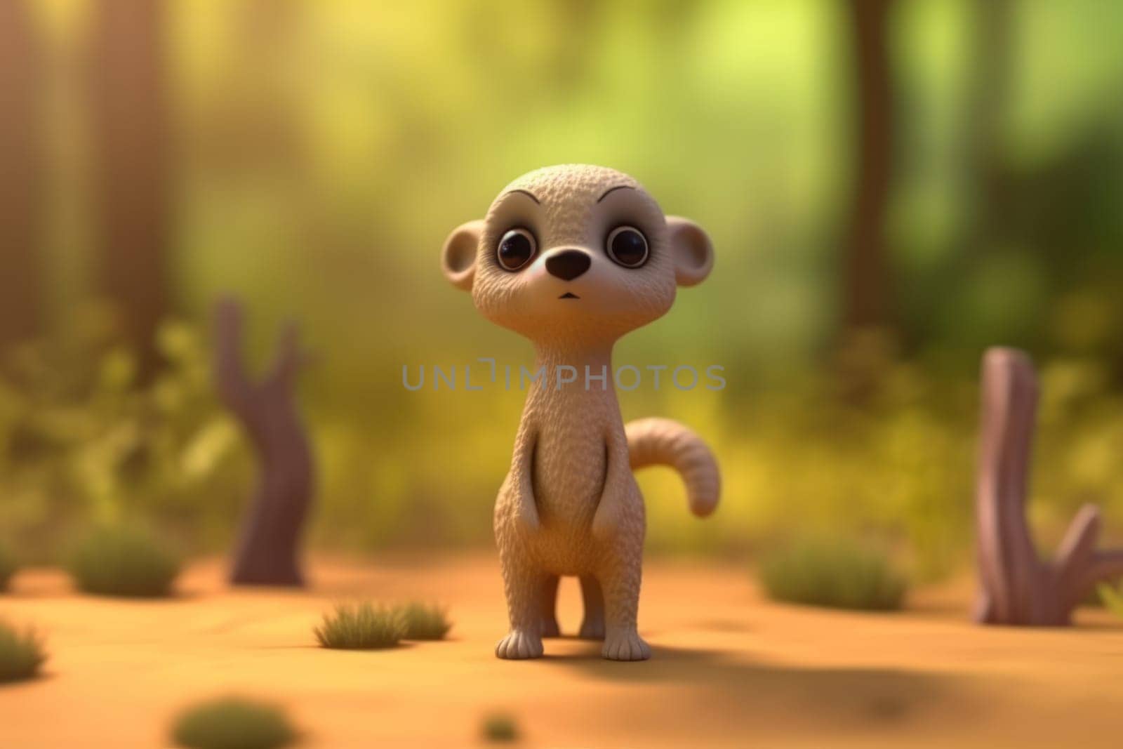 A meerkat walking in forest 3D Tiny cute isometric Generative AI.