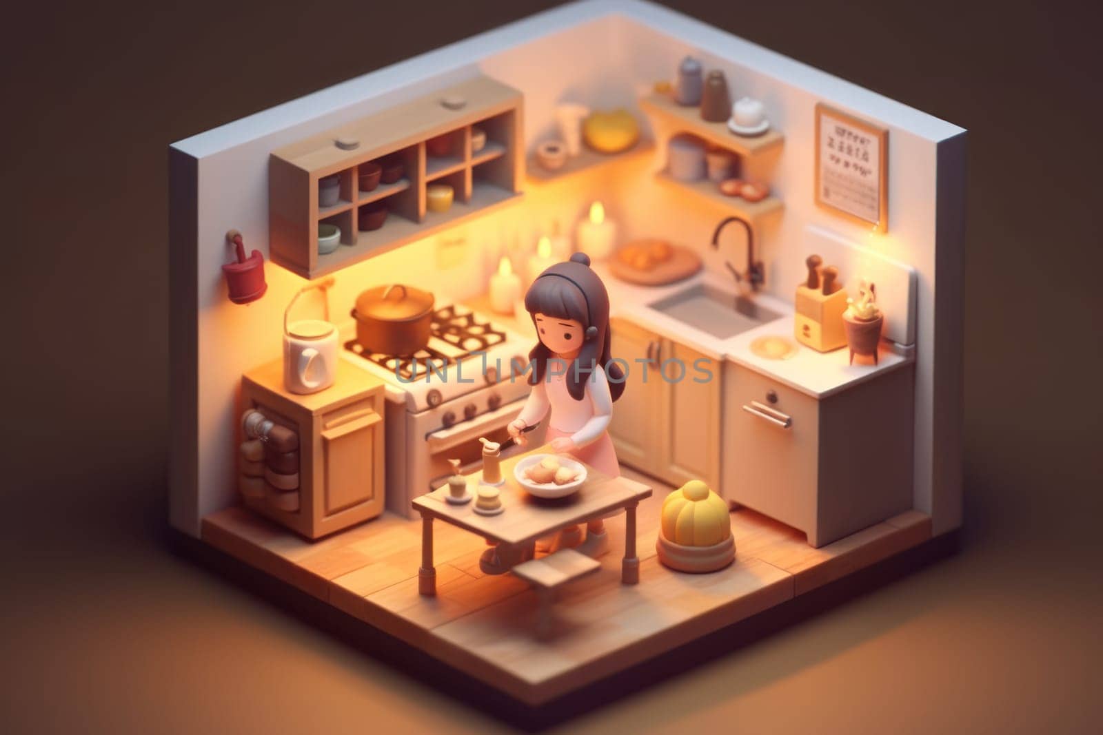 A girl cooking in kitchen room Tiny cute isometric 3D render Generative AI.