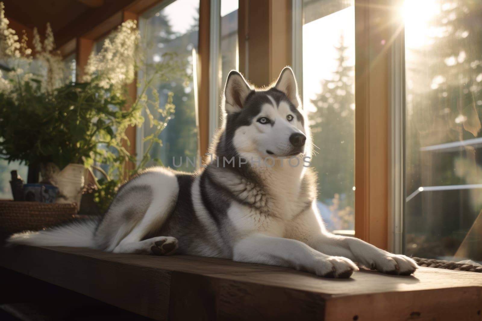 Husky sitting in a home living room Generative AI.