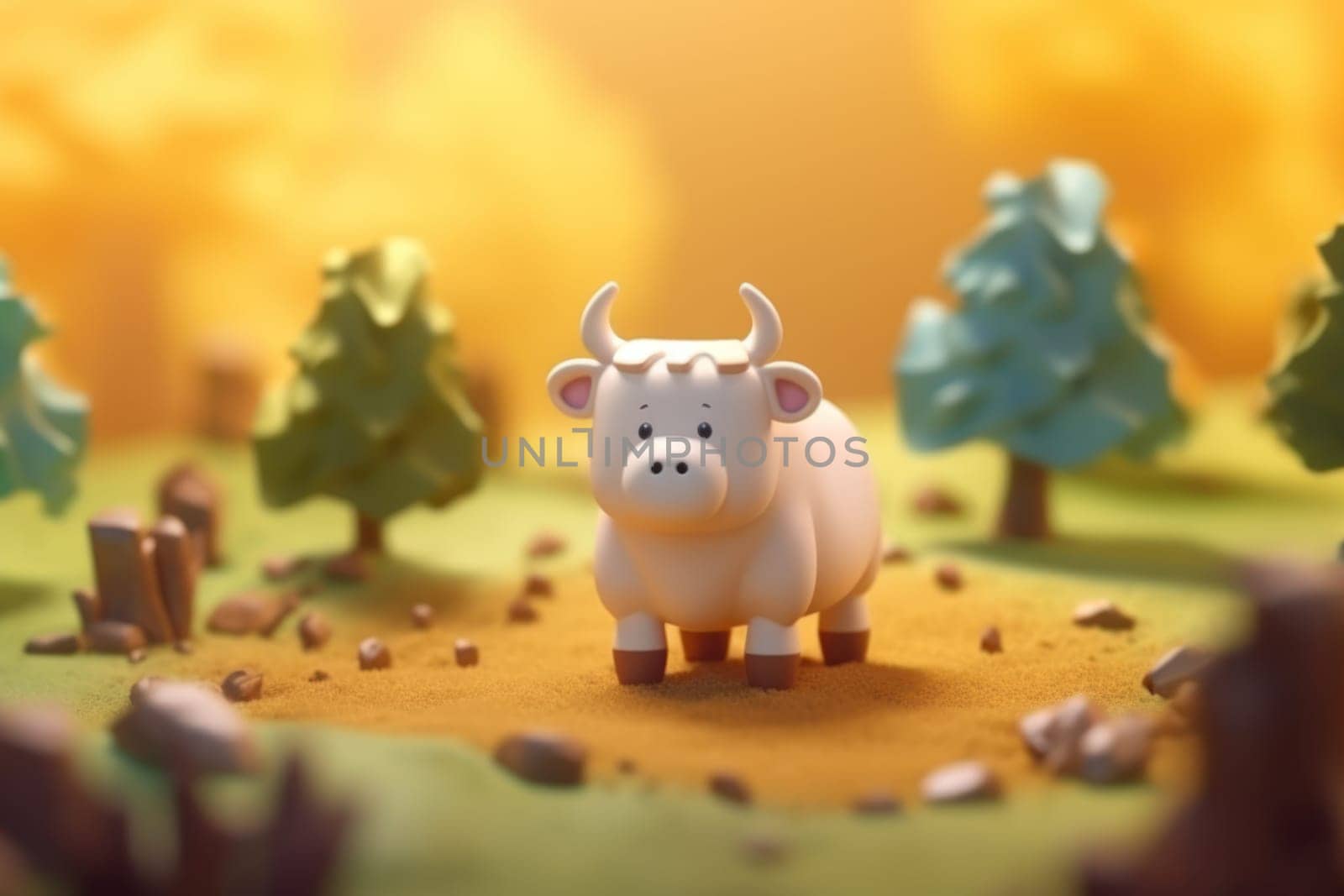 A bull ox walking in forest 3D Tiny cute isometric Generative AI.