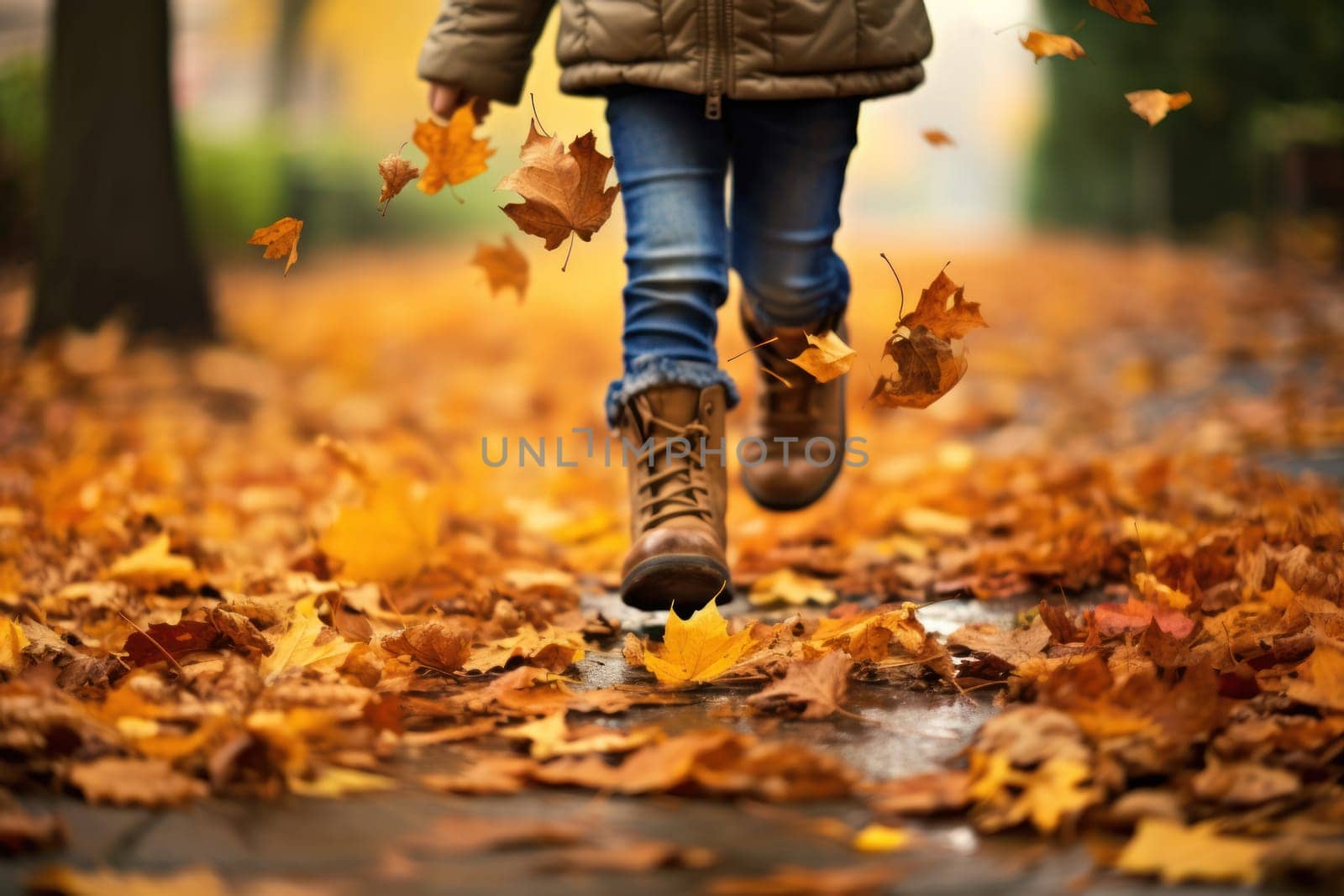 Children or human walking in autumn leaves focus leg Generative AI.
