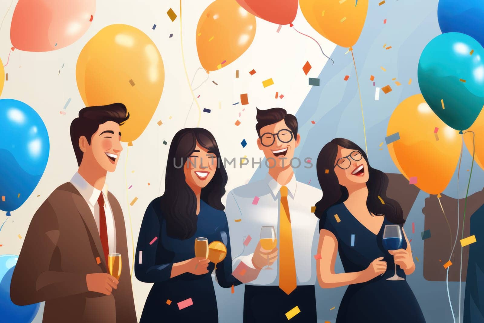 Group of successful happy business people in office celebrating Generative AI.