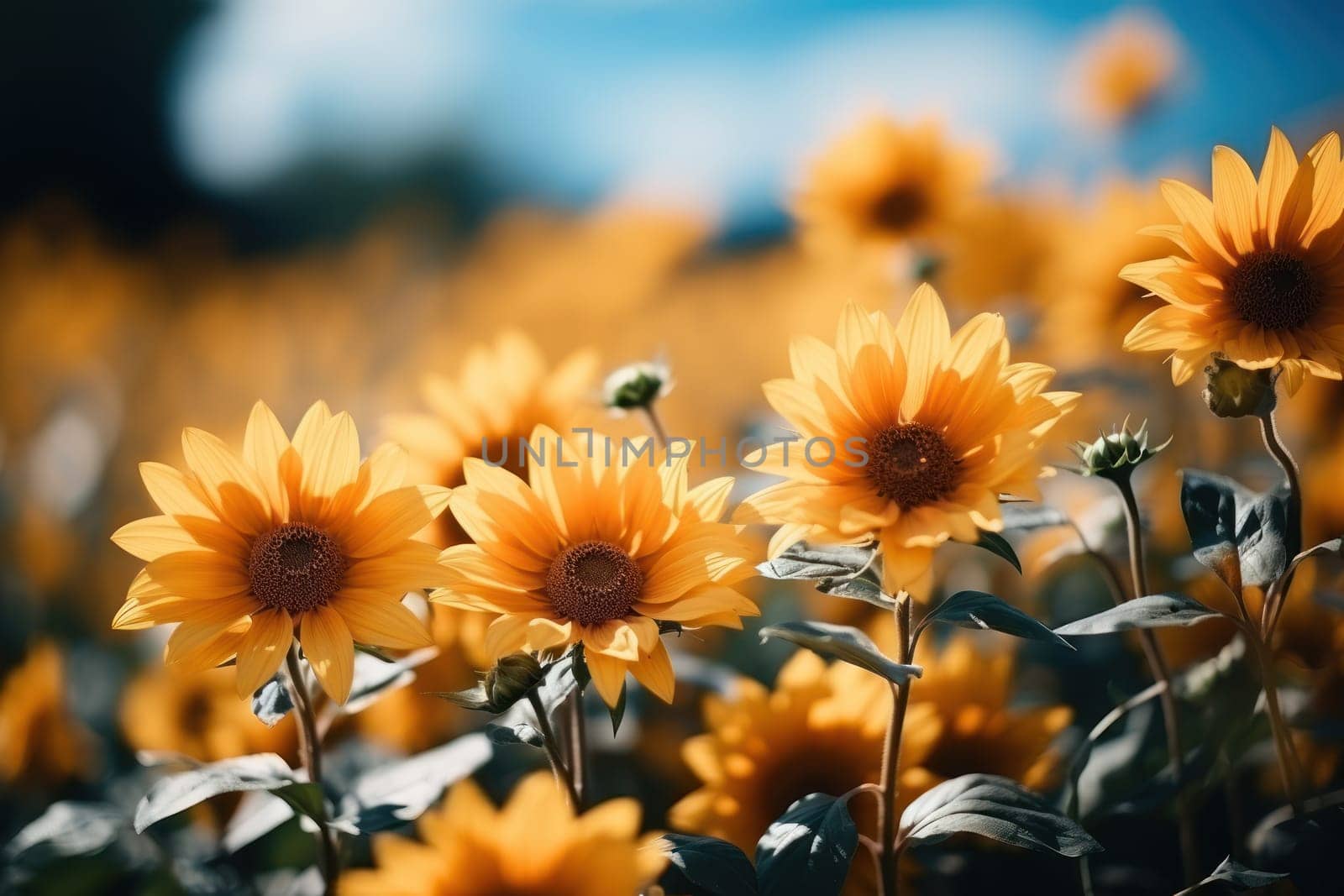 Field of blooming sunflowers and blue sky Generative AI.
