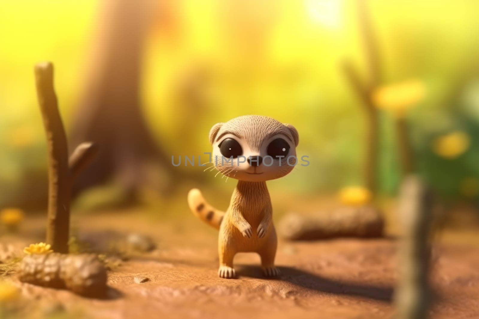 A meerkat walking in forest 3D Tiny cute isometric Generative AI.