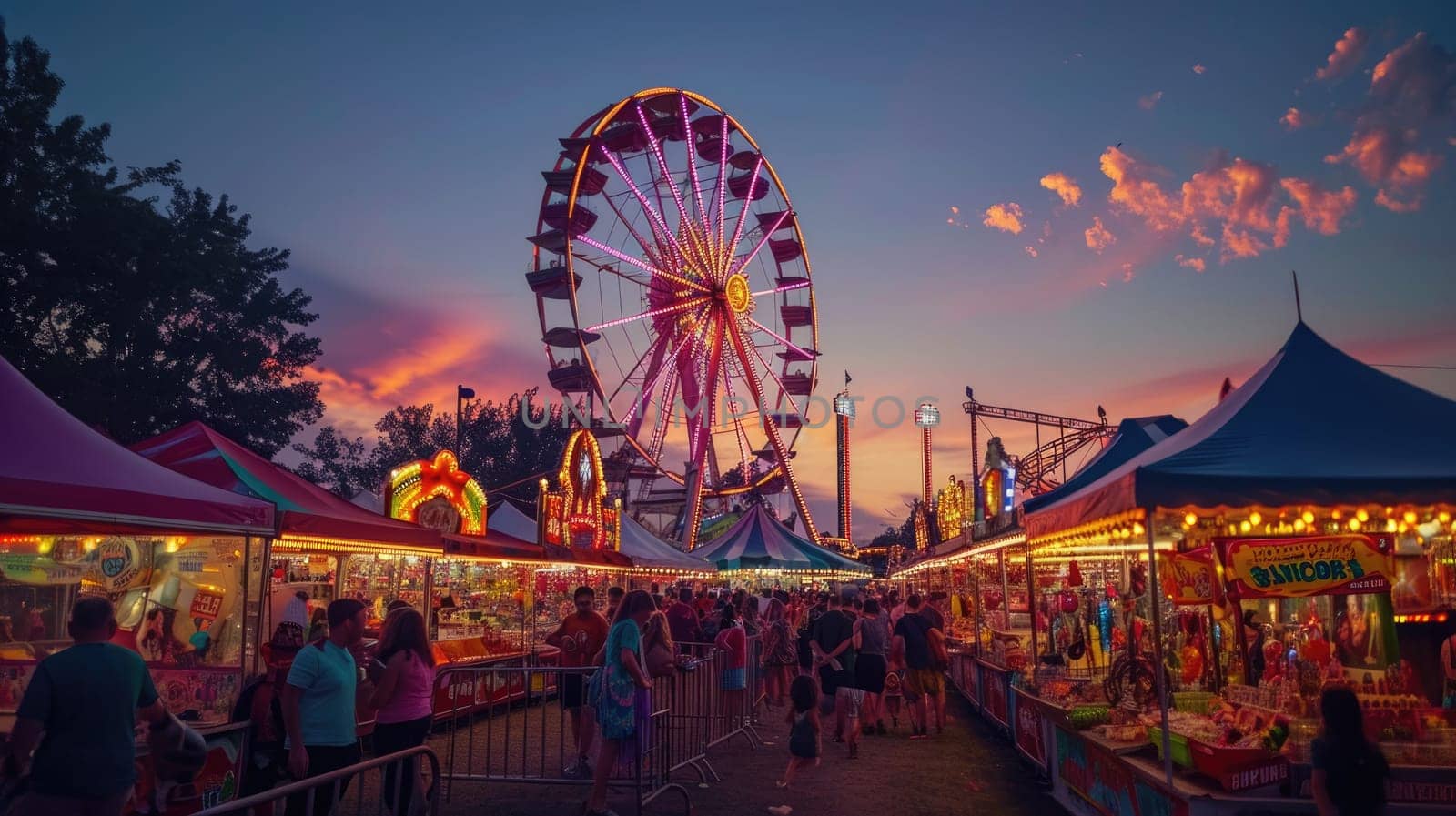 A lively carnival at dusk, Ferris wheel lights. Resplendent. by biancoblue
