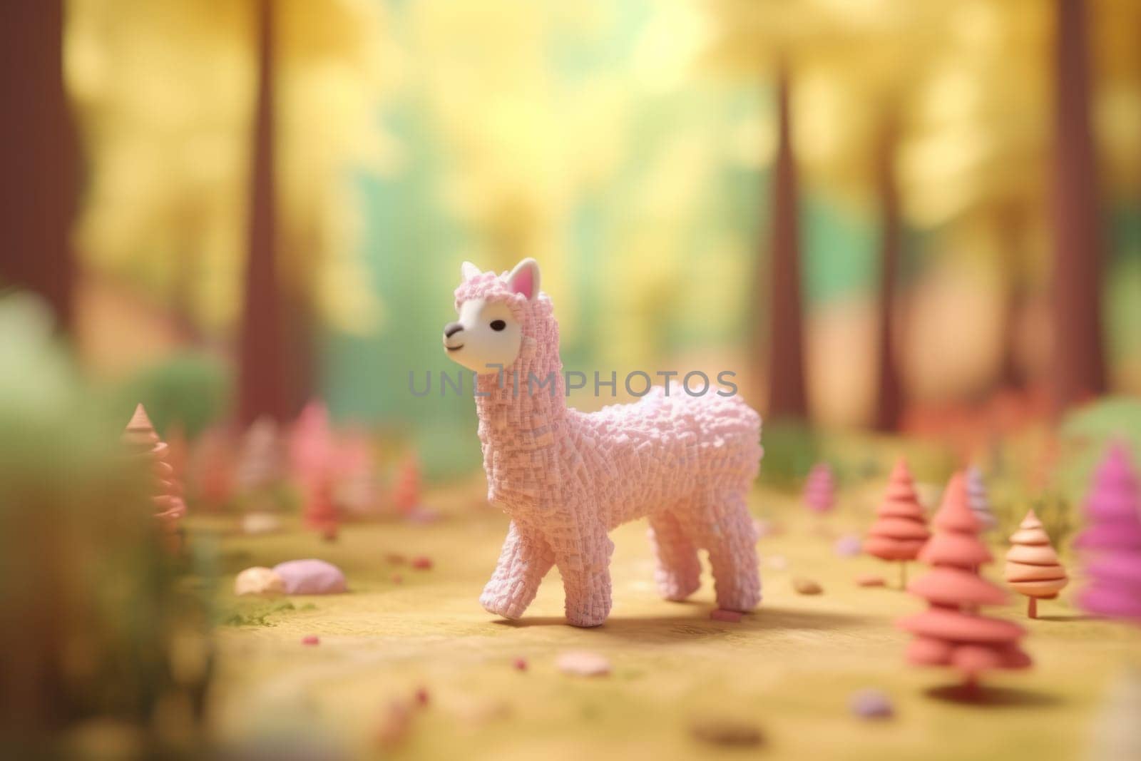 A alpaca walking in forest 3D Tiny cute isometric Generative AI.