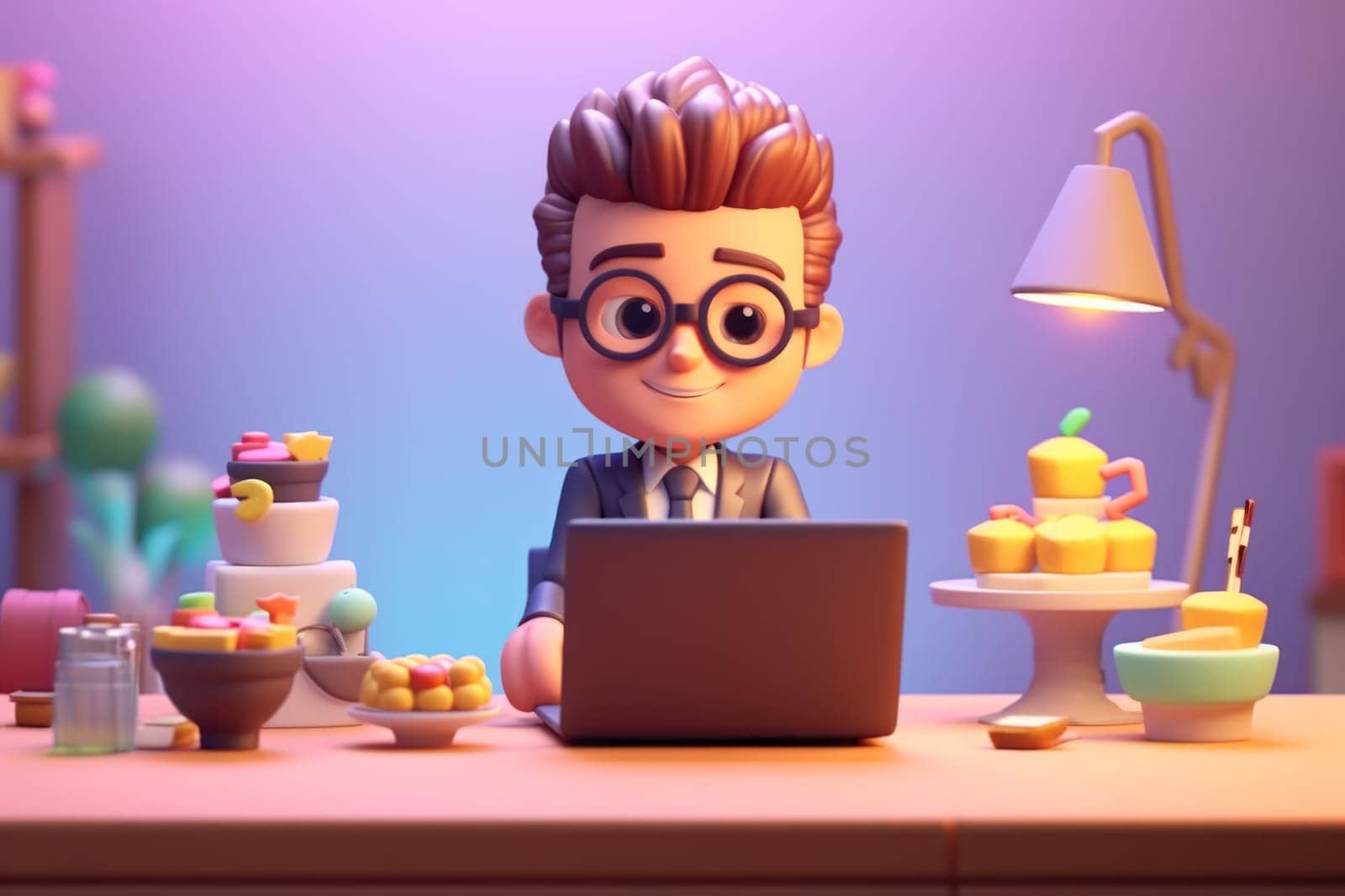 A business boy working with laptop on desk Tiny cute isometric 3D render Generative AI by nijieimu