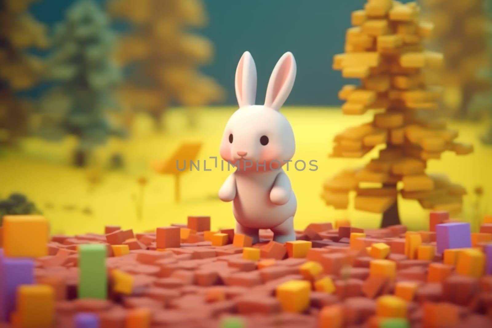 A rabbit walking in forest 3D Tiny cute isometric Generative AI.