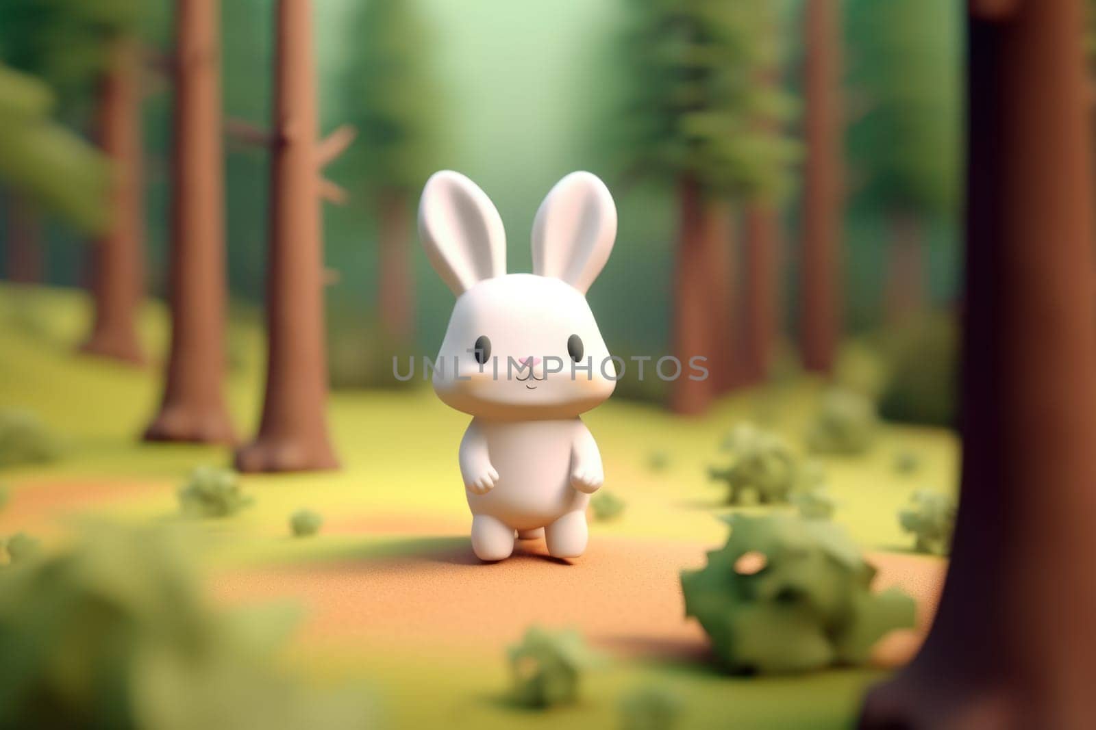 A rabbit walking in forest 3D Tiny cute isometric Generative AI.