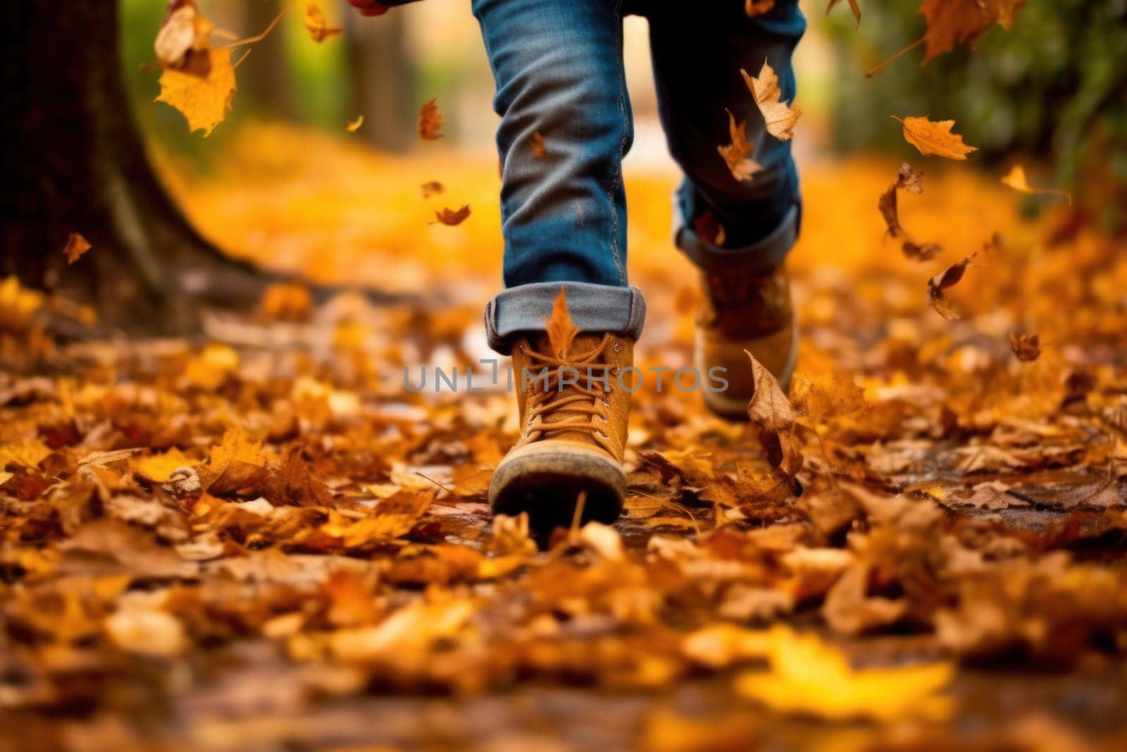 Children or human walking in autumn leaves focus leg Generative AI.