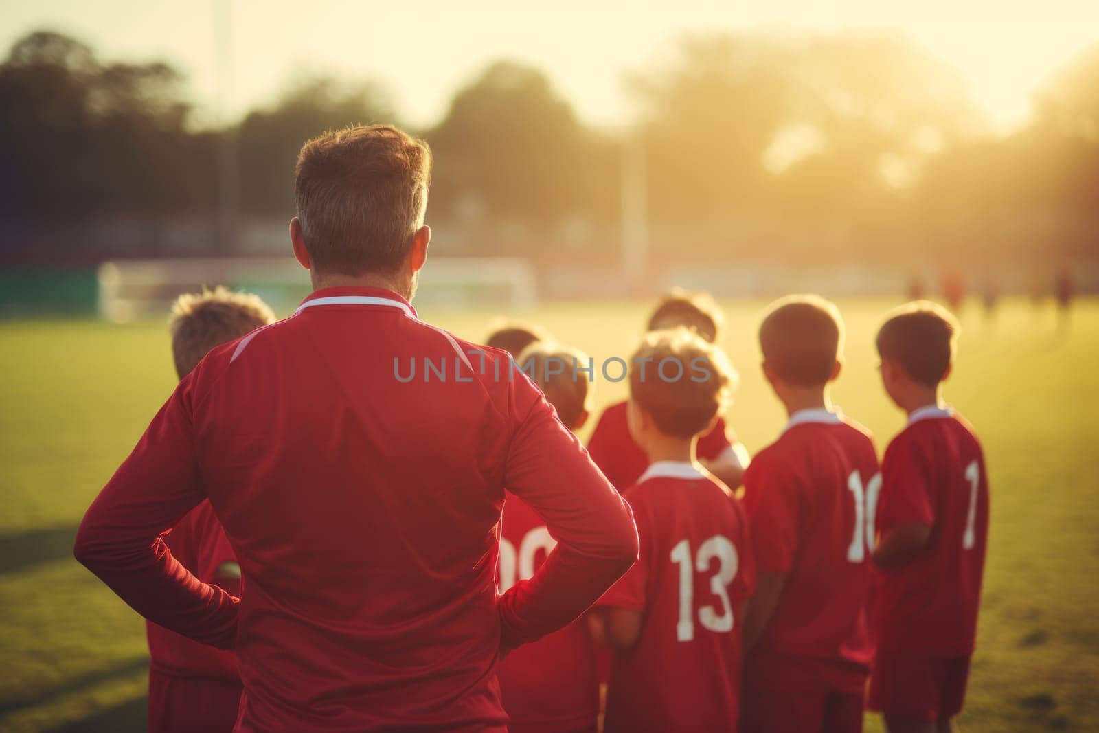 Back view of coach at field with a kids team Generative AI.