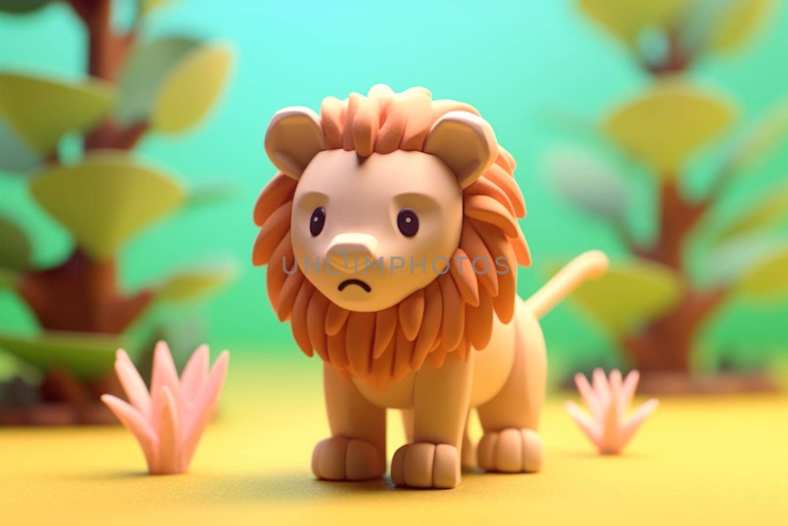 A lion walking in forest 3D Tiny cute isometric Generative AI.