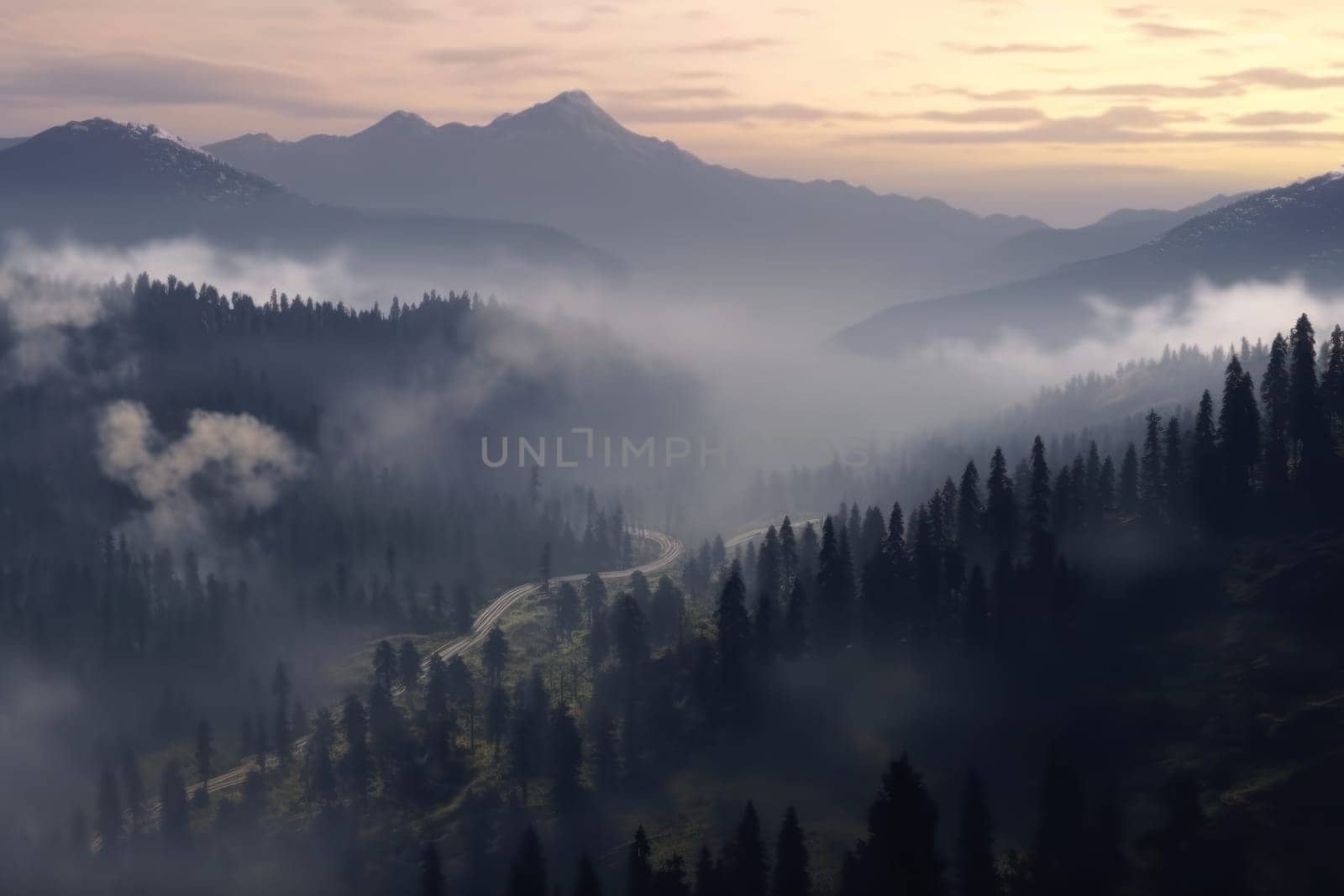 The mountains are covered in a layer of mist and clouds Generative AI.