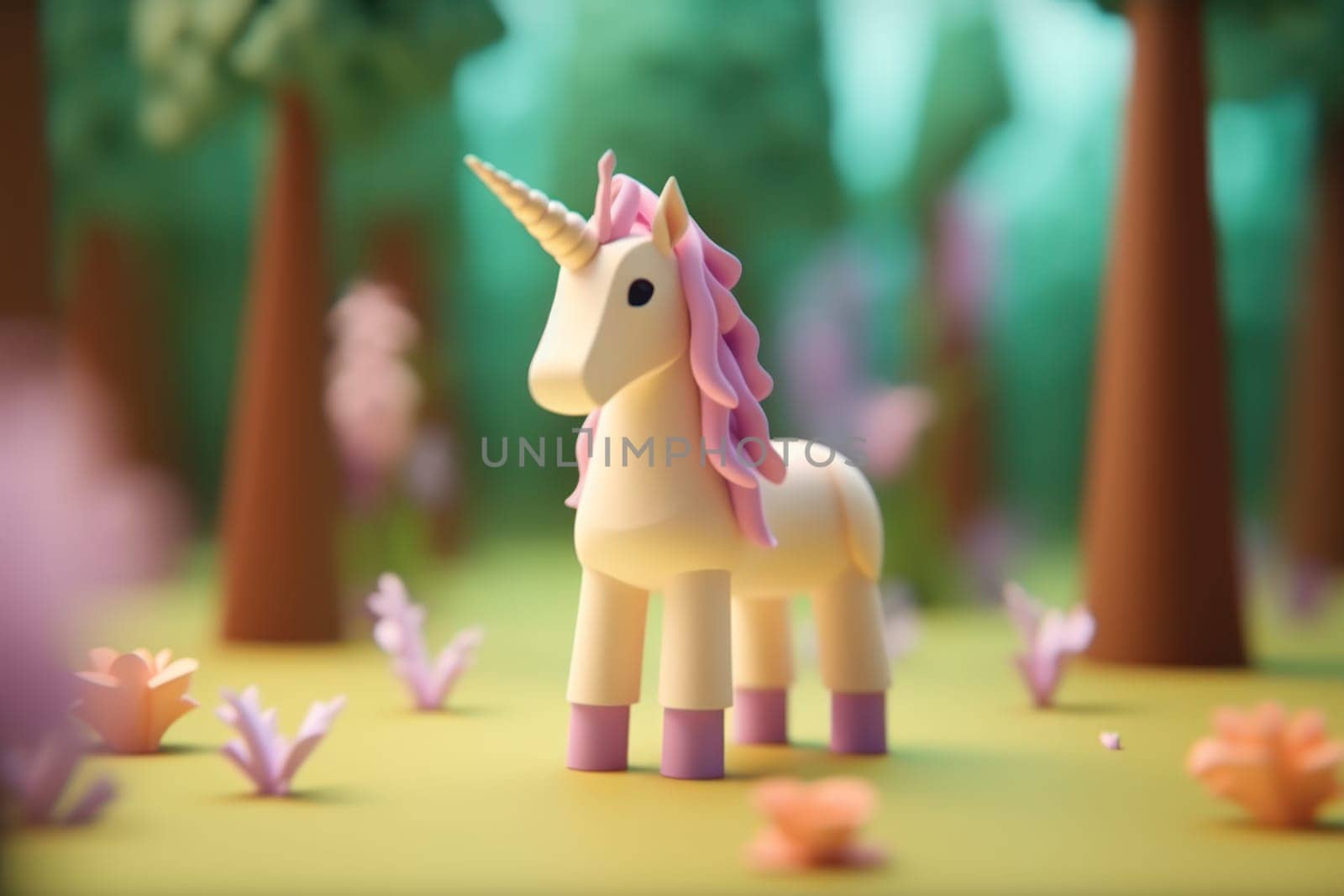 A Unicorn horse walking in forest 3D Tiny cute isometric Generative AI..
