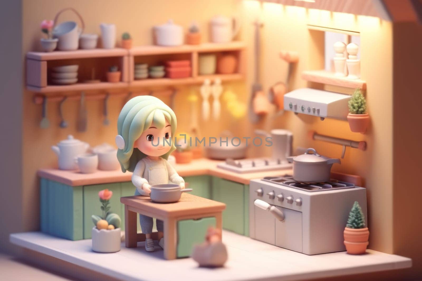 A girl cooking in kitchen room Tiny cute isometric 3D render Generative AI.