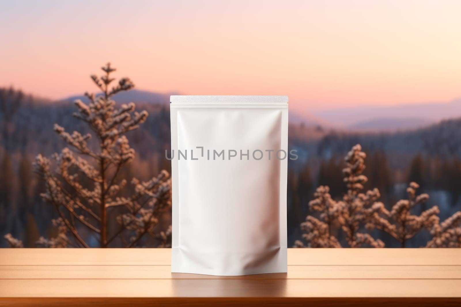 White Blank Coffee bag Pack Mockup Stand Up with pastel natural theme background Generative AI.
