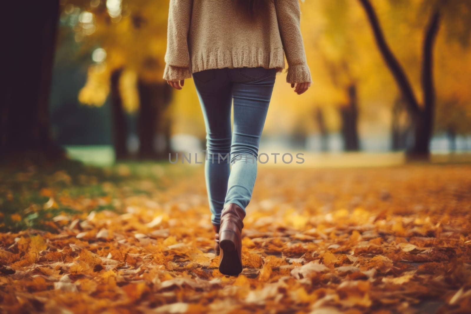 Children or human walking in autumn leaves focus leg Generative AI.