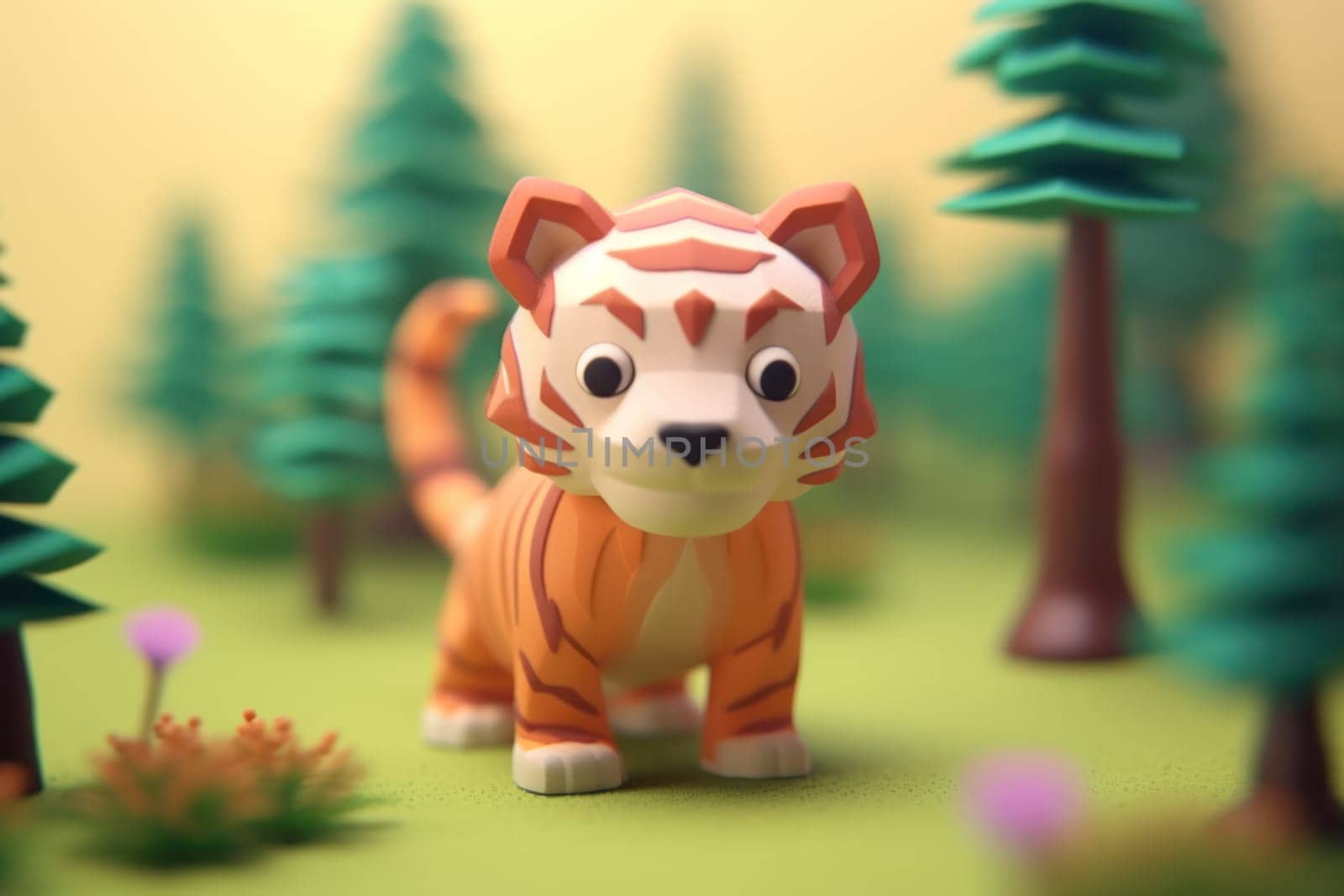 A Tiger walking in forest 3D Tiny cute isometric Generative AI.