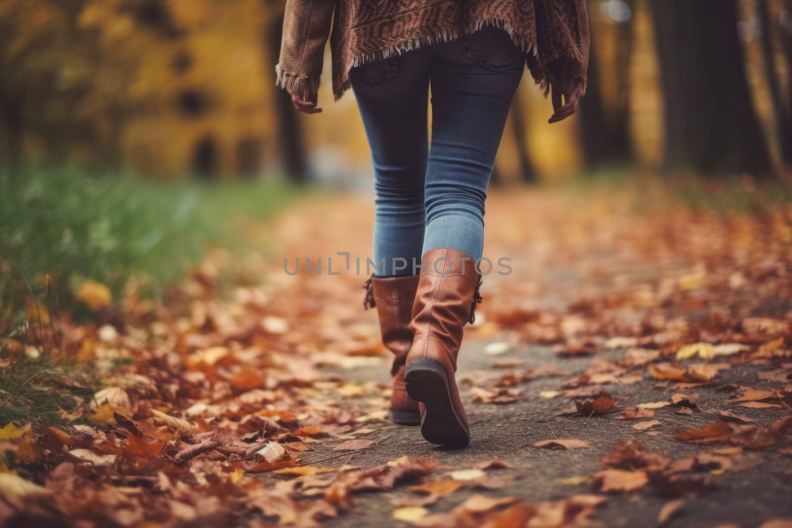 Children or human walking in autumn leaves focus leg Generative AI.