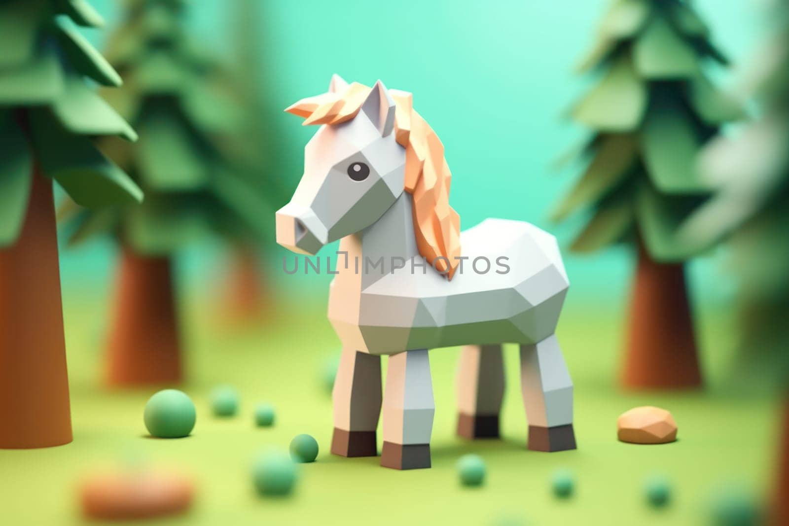 A horse walking in forest 3D Tiny cute isometric Generative AI.