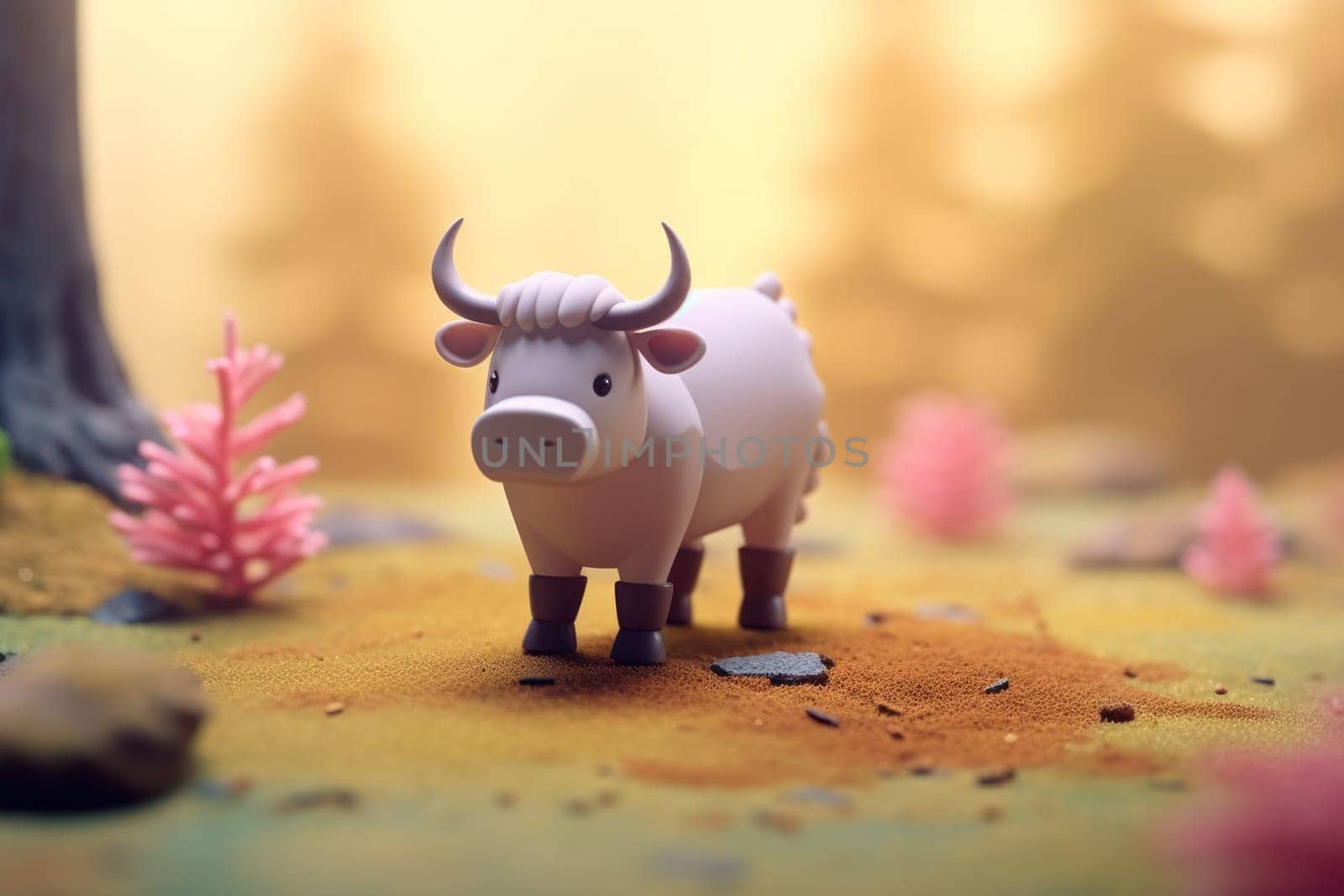 A bull ox walking in forest 3D Tiny cute isometric Generative AI.