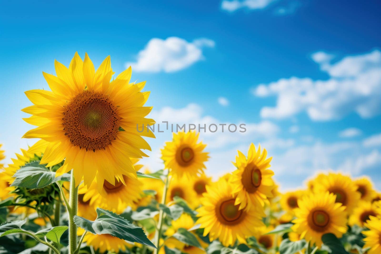 Field of blooming sunflowers and blue sky Generative AI.