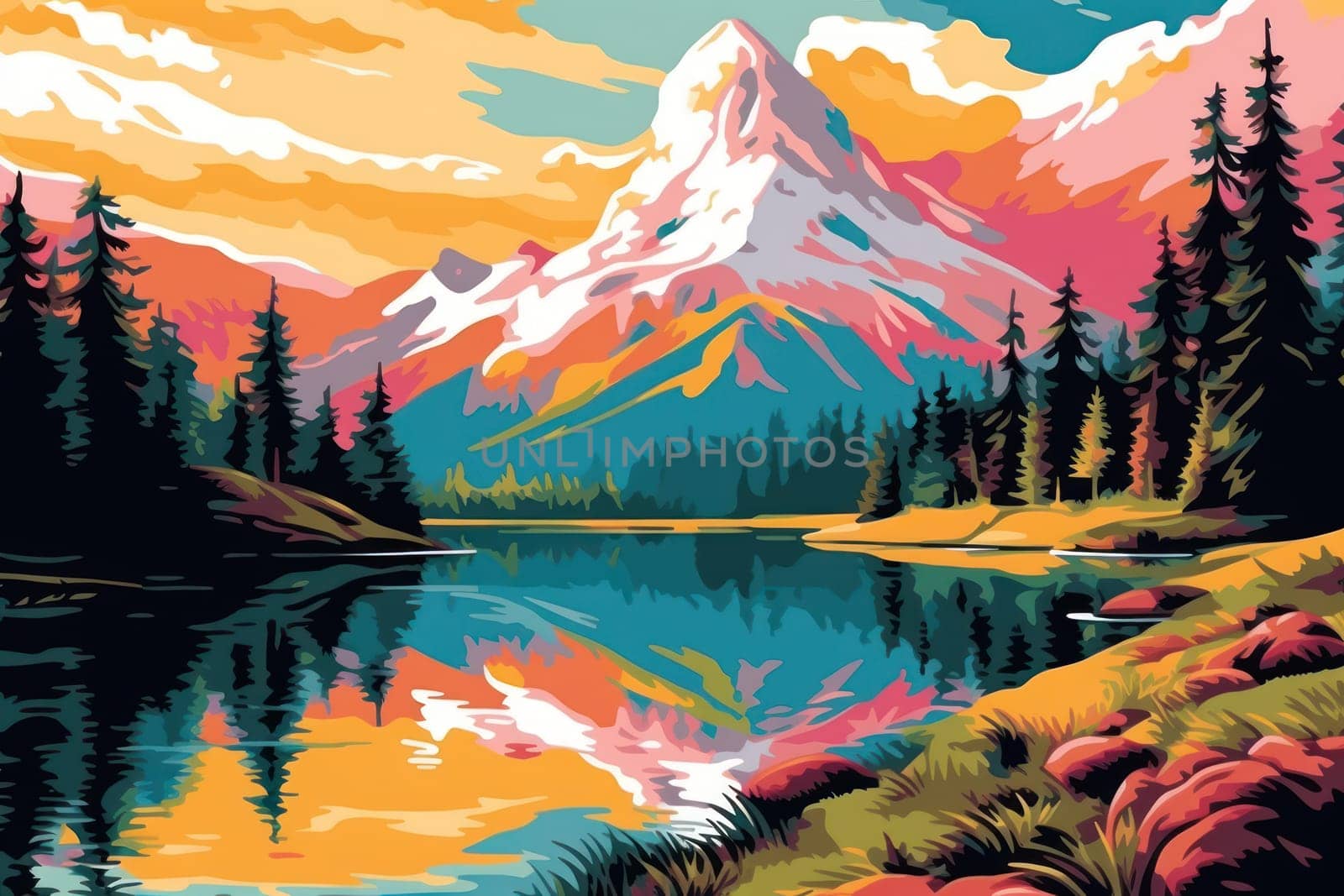 Winter Landscape there are mountains and lakes and sky and tree Digital printing Generative AI.