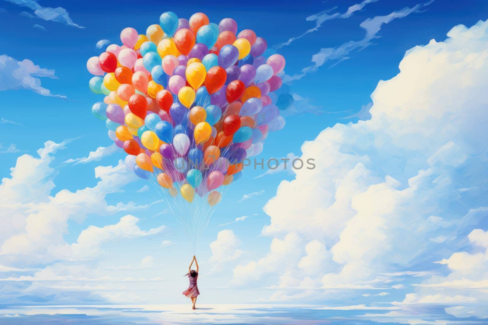 Creative scene with a hand holding a bunch of colorful balloons Generative AI.