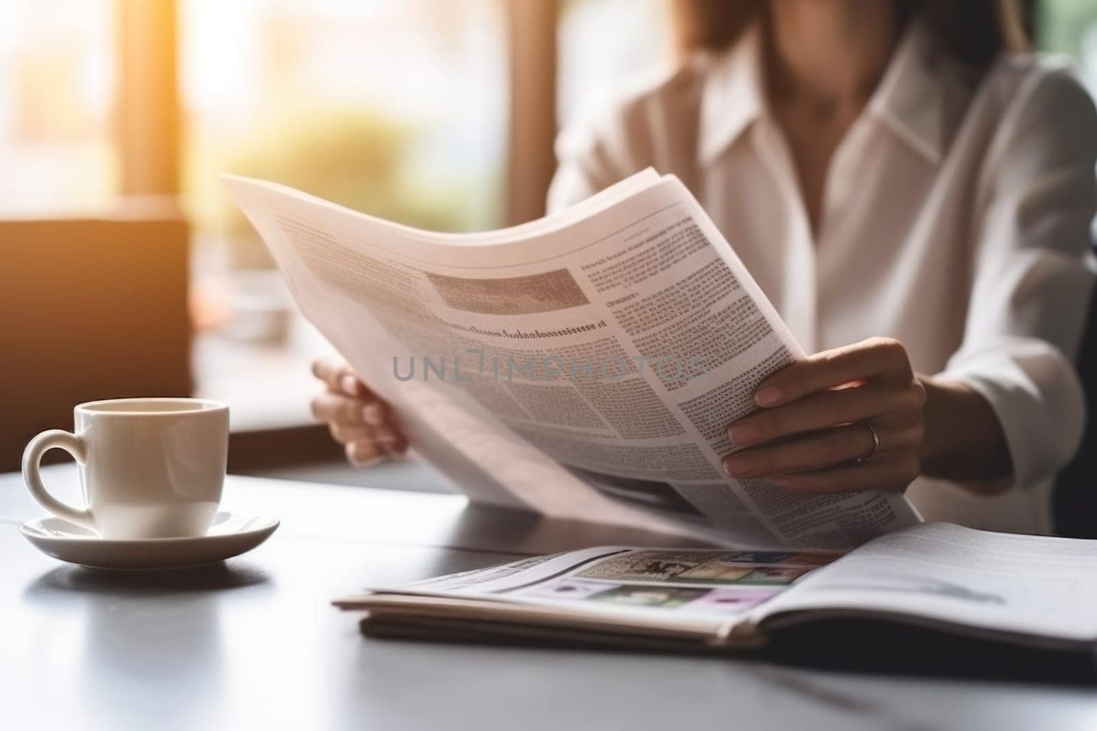 Closeup hands Businesswoman reading the latest news Generative AI.