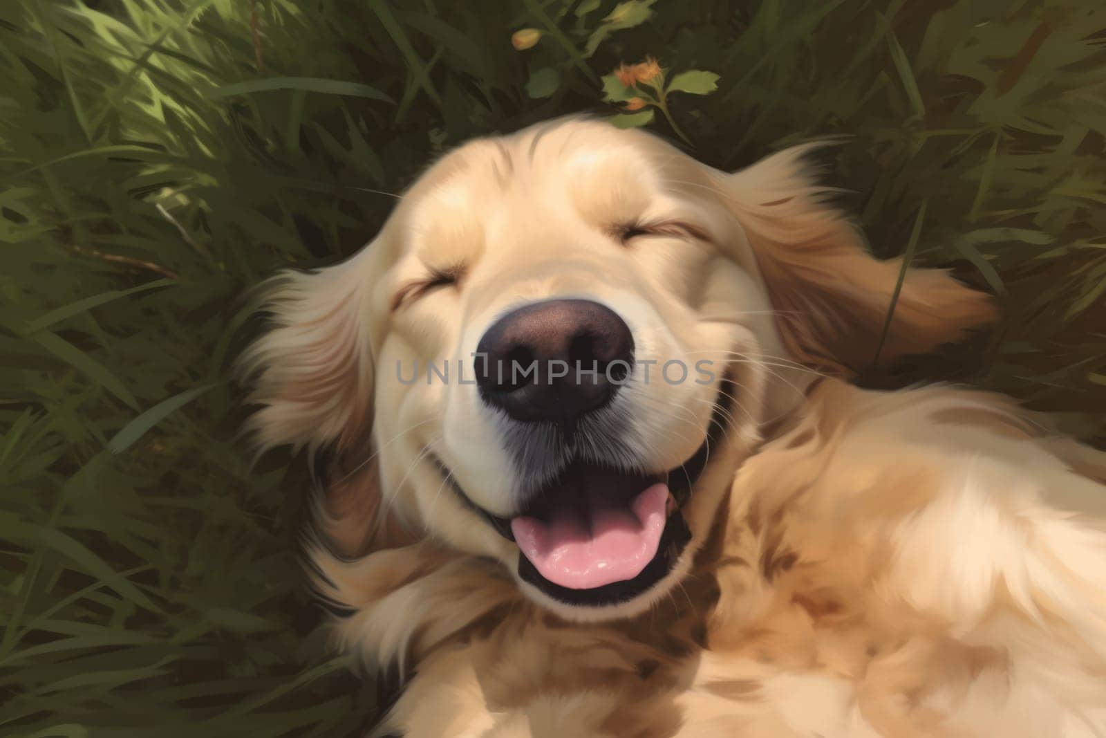 Cute golden retriever sleeping in grass upward facing the camera Generative AI.