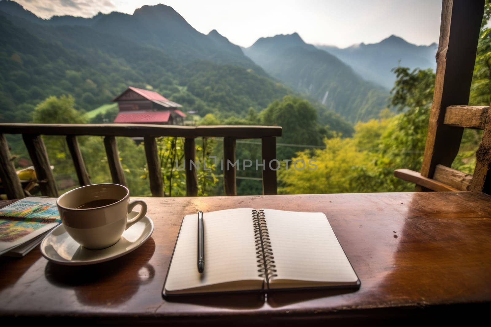 notebook pencil and cup of coffee prepare to write at the balcony and mountain view Generative AI.
