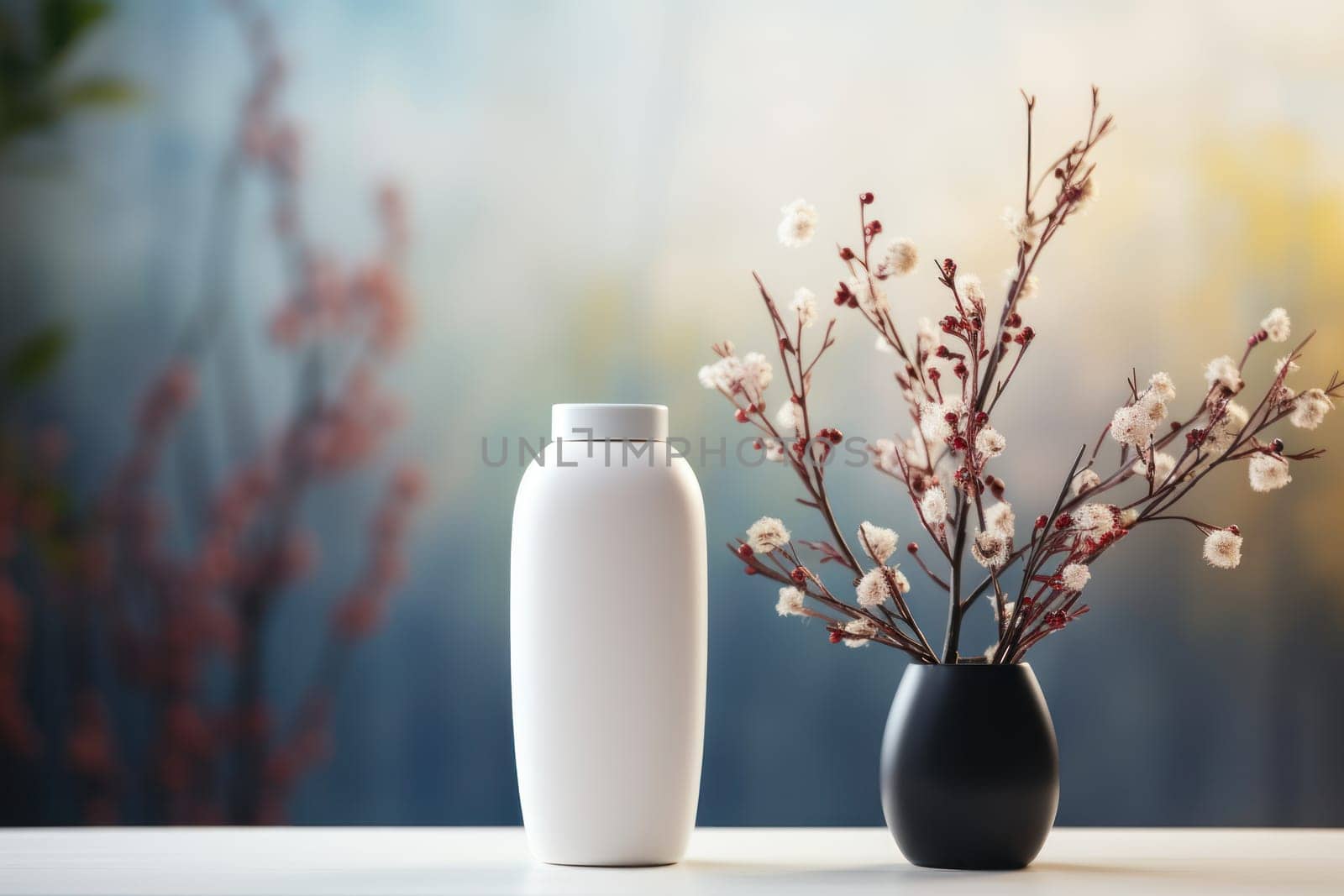 White Blank Bottle Mockup with natural theme background Generative AI.