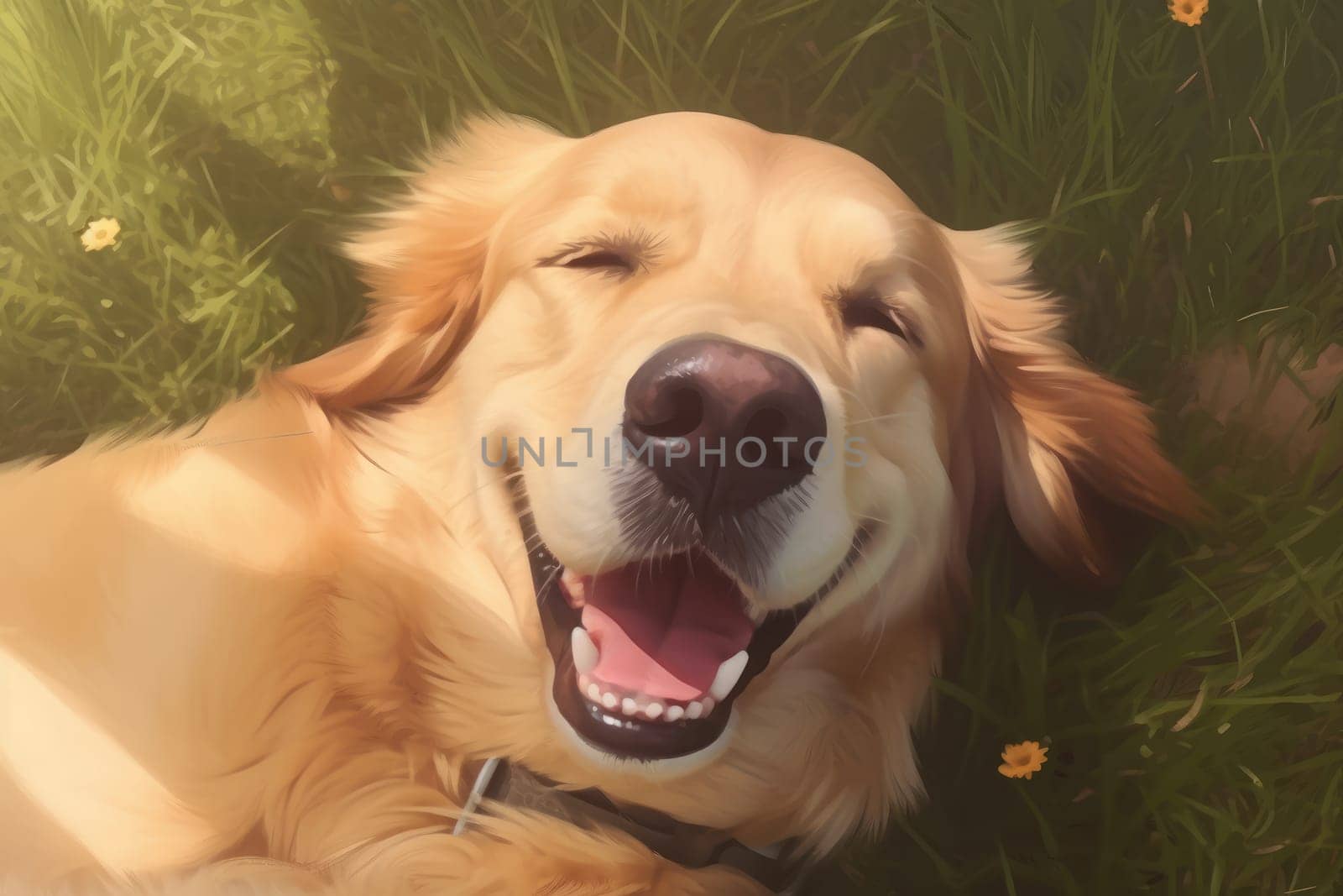 Cute golden retriever sleeping in grass upward facing the camera Generative AI by nijieimu