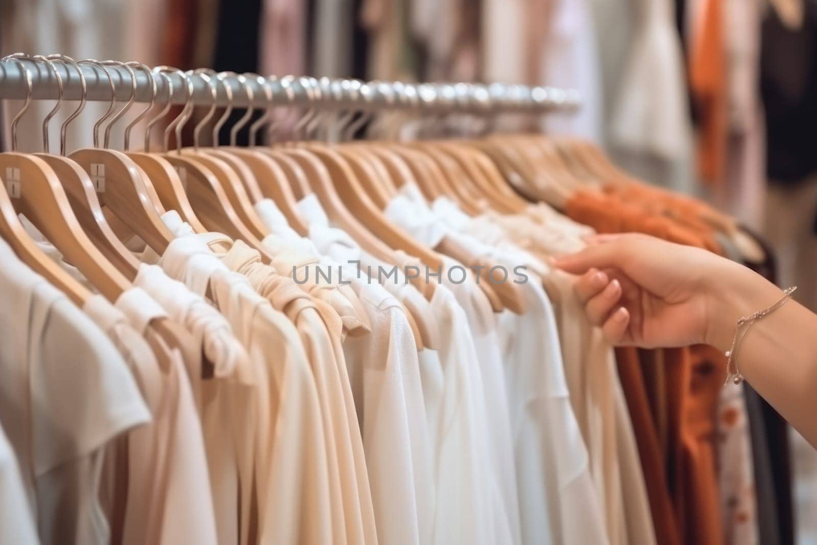Close up of Female Hands Plucked Hanger Choosing Clothes in a Clothing Store Generative AI.