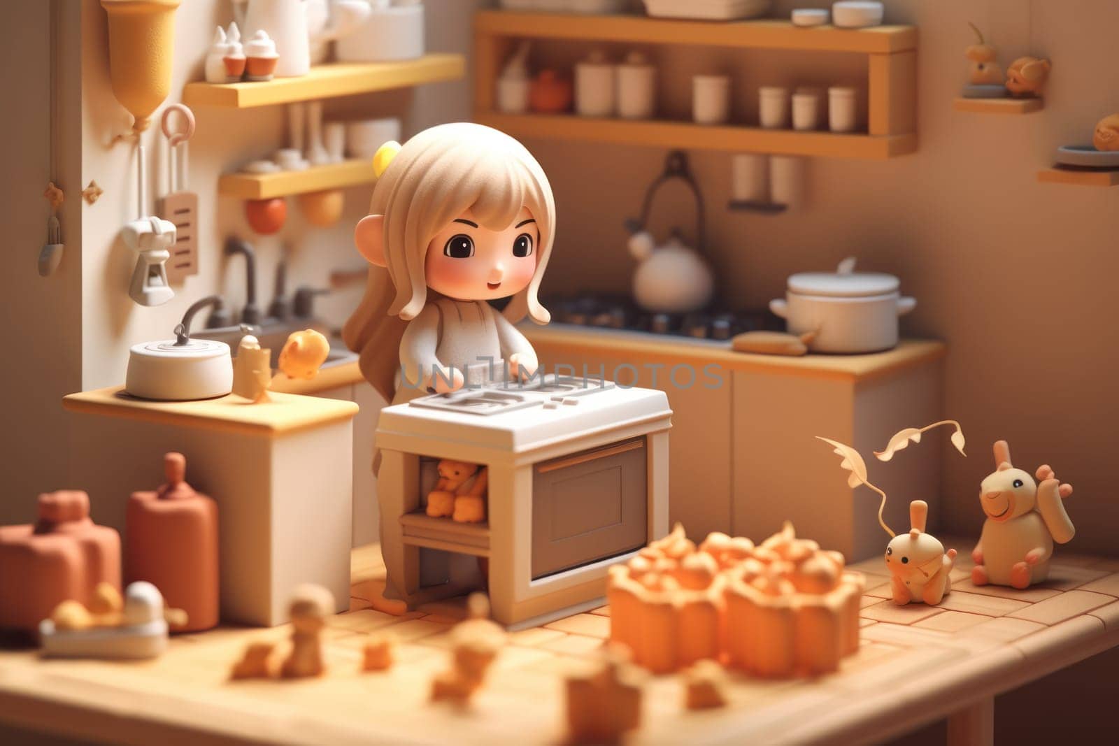 A girl cooking in kitchen room Tiny cute isometric 3D render Generative AI.
