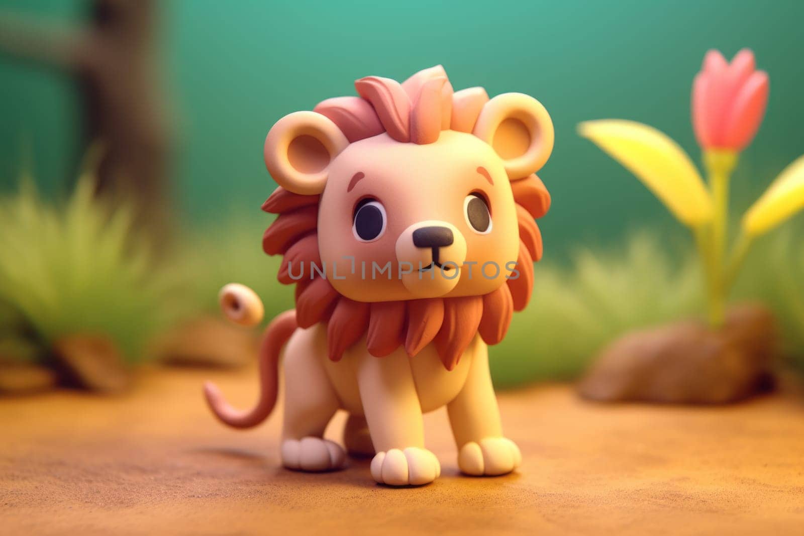 A lion walking in forest 3D Tiny cute isometric Generative AI.