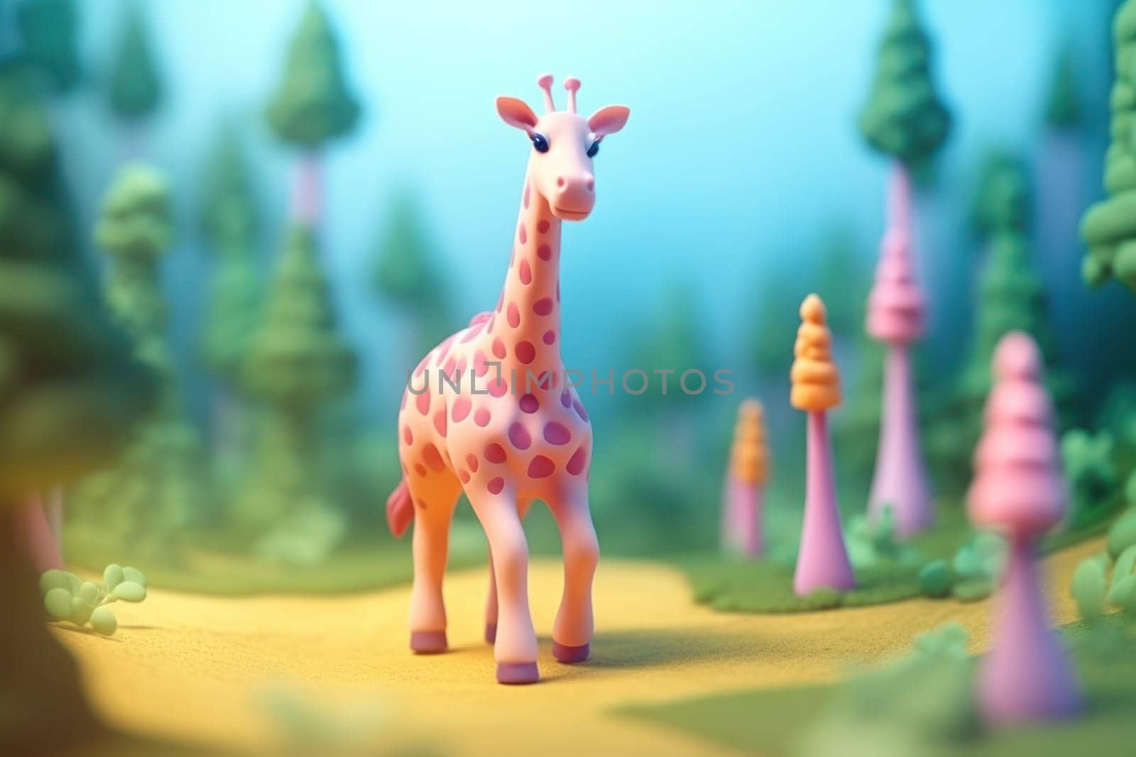 A giraffe walking in forest 3D Tiny cute isometric Generative AI.